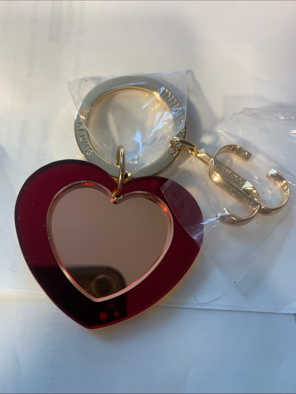 Jimmy Choo Gold-Tone Keyring with Red Heart Mirror Charm